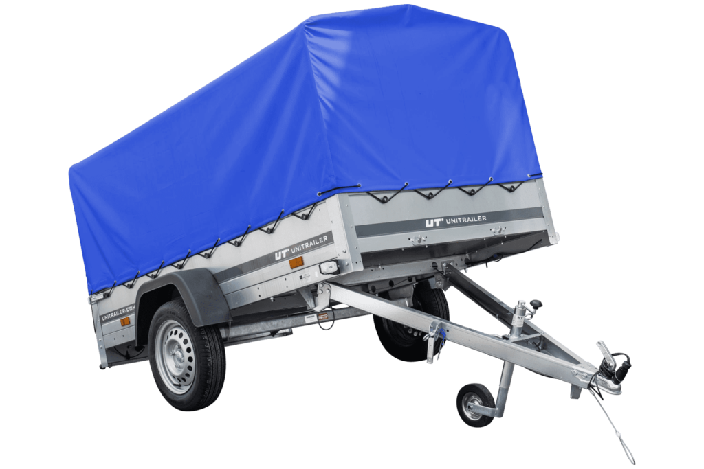 Rimorchio auto Garden Trailer 230 KIPP Unitrailer 750 kg, 230x125 cm, con ruotino di sostegno, telone alto blu e struttura alta